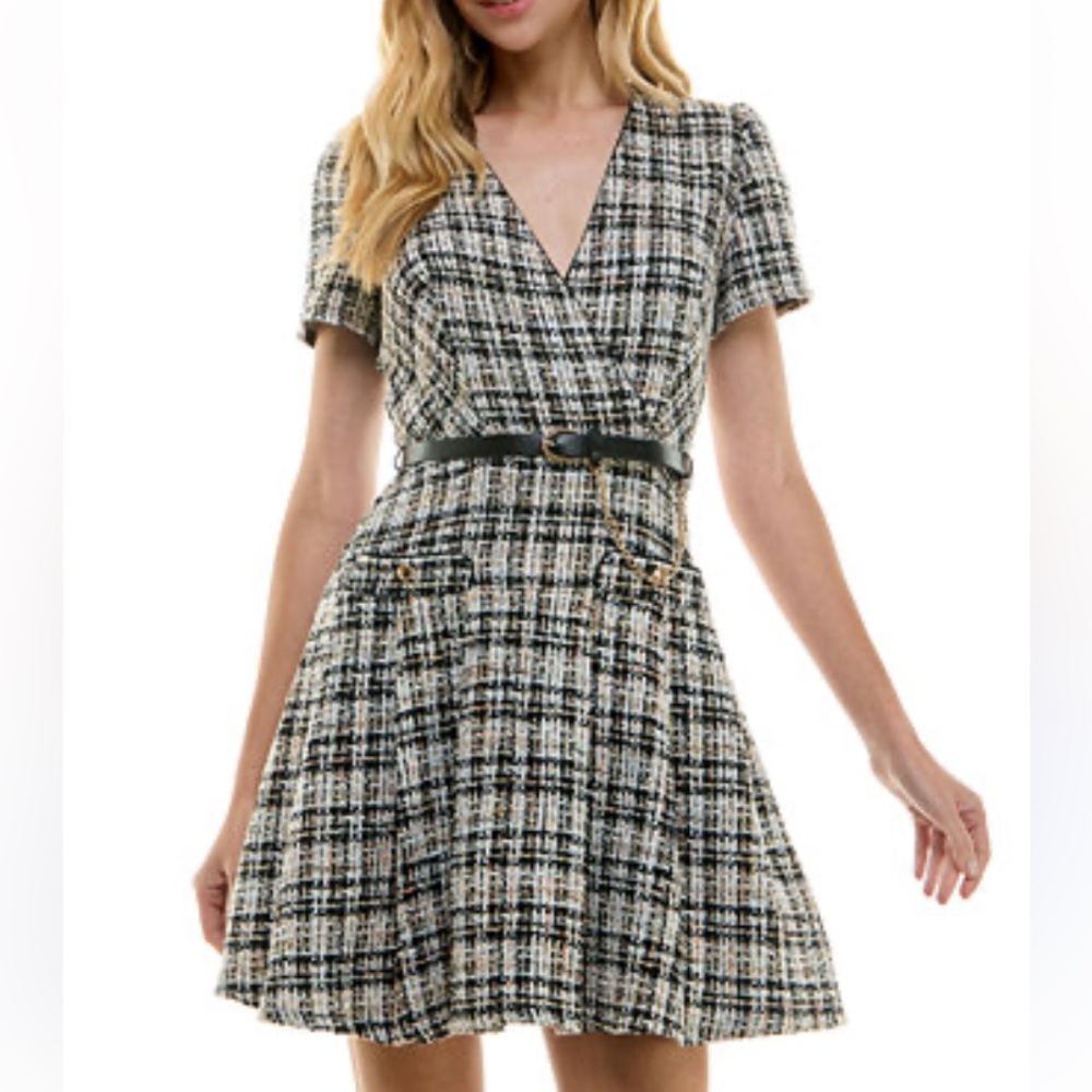 City Studio Juniors' Belted Bouclé Fit & Flare Dress sz 13/14